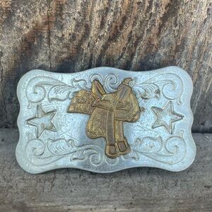Vintage Western Saddle Belt Buckle Silver & Goldtone Chambers Belt Co.
